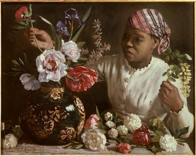 La negresse aux peonines フレデリック・バジーユ（1841-1870）の絵画 1870年 薄暗い。0,6x0,75 m モンペリエ、ファーブル美術館 - 牡丹の花を持つ黒人女性。フレデリック・バジルの絵画 (1841-1870) 作： John Clayton Adams