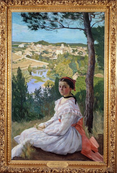 村の風景 プロヴァンスの風景の中でポーズをとる若い女の子。フレデリック・バジーユ（1841-1870）による絵画 1868年 日1,3x0,89 m モンペリエ、ファーブル美術館 作： John Clayton Adams