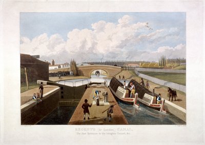 リージェンツ運河、バージ付き、ロンドン、イズリントン、1822 年 作： John Cleghorn