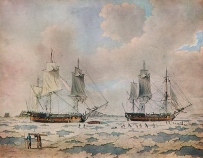 「極地の氷に埋め込まれたモルグレイブ卿の発見の遠征の船」、1774 作： John Cleveley the Younger