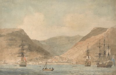 ジェームズタウン、セントヘレナ、船積みの海からの眺め 作： John Cleveley the Younger