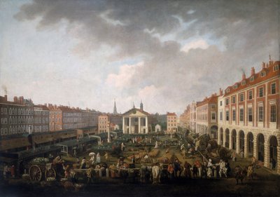 「コベント ガーデン ピアッツァ アンド マーケット」、c1775 作： John Collet