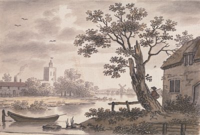 教会、コテージ、風車のある川の風景 作： John Collet