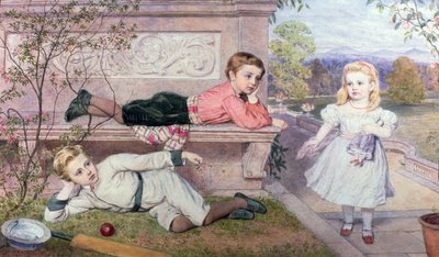 バークシャーのカントリーハウスの庭園にいる、より遠い子供たち、ガスパール、ヘンリー、セシリア 作： John Collingham Moore