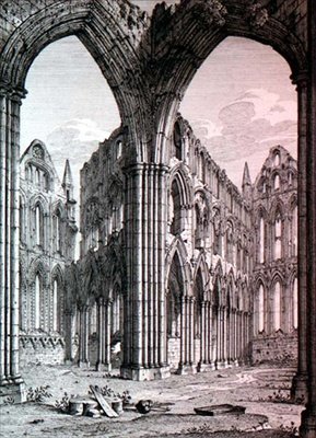 J.D.ハーディングの「Views of English Abbeys & Cathedrals」からの挿絵、ヨークシャー州ウィットビー・アビー、1815年頃（エッチング） 作： John Coney