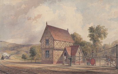 チューダー スタイルの田園鉄道駅と踏切、1844-77 年。 作： John Connell Ogle