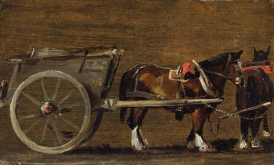 ハーネスに2頭の馬がいる農場のカート： &39;Stour Valley and Dedham Village、1814&39;のカートに関する研究（ボード上のキャンバスに油彩） 作： John Constable