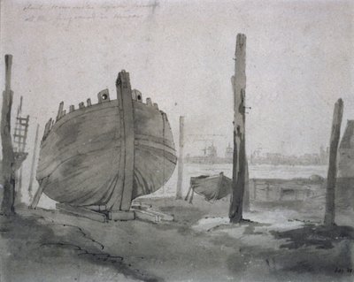 夕暮れ時の船のある川のシーン 作： John Constable