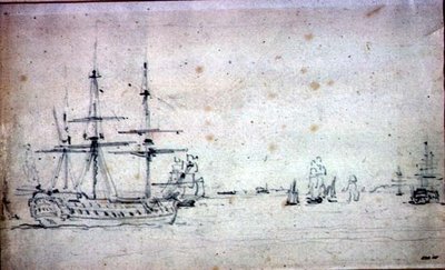 停泊中の船とテムズ川でのその他の輸送（紙の上のグラファイト） 作： John Constable