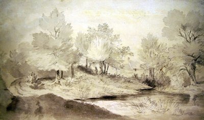 サフォークの池、遠くのコテージ（紙に鉛筆と水彩） 作： John Constable