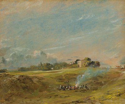 焚き火の周りに数字が描かれたハムステッドヒースの景色 作： John Constable