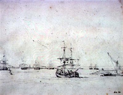 テムズ川のアンカーとその他の輸送船（紙に書かれた黒鉛） 作： John Constable
