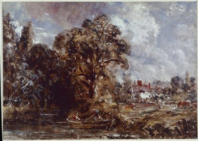 川の風景、水辺の近くの農家（油彩・キャンバス 作： John Constable