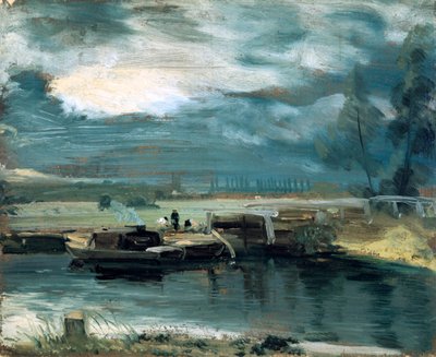 1811年、遠くにデダム教会があるストゥールのはしけ 作： John Constable