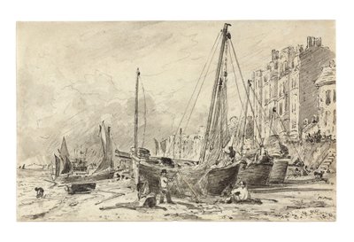 ブライトンのビーチで漁師が網を修理している浜辺の漁船、西向き、1824-28年頃 作： John Constable