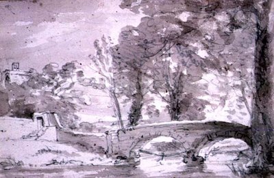 木々や建物のある橋、ハドン 作： John Constable