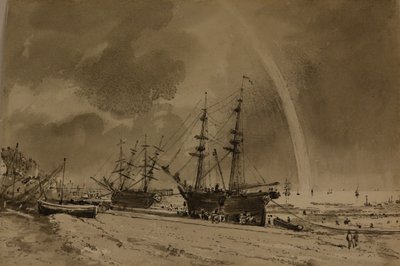 虹のかかるブライトン・ビーチ：荷を降ろすコリアーズ、1792年頃（紙に水彩画） 作： John Constable