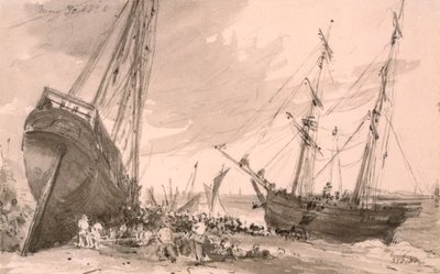 1828年5月30日、前景に2隻の船があるブライトン沿岸の風景 作： John Constable