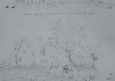 バックグラウンドに教会があるホルトンのコテージ（紙にペンとインク） 作： John Constable