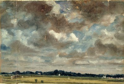 灰色の雲のある広大な風景、c.1821（キャンバス上の紙に油彩） 作： John Constable