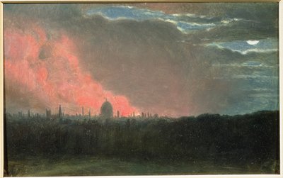 ハムステッドから見たロンドンでの火災（パネルに敷いた紙に油彩） 作： John Constable