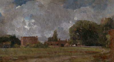 ゴールディング コンスタブルの家、イースト バーグホルト: 芸術家の生家、村と木々のある風景、 作： John Constable