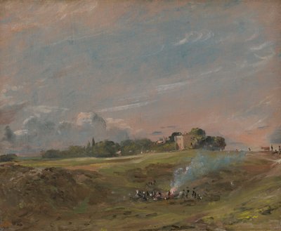 Hampstead Heath, com uma fogueira 作： John Constable
