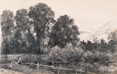 エルムトレスと家のある風景（紙に黒鉛） 作： John Constable