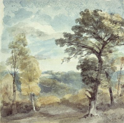 木々と遠くの大邸宅のある風景（水彩） 作： John Constable