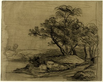 樹木のある川岸（レクト）、樹木の下の牛の群れ、風景のスケッチ（裏面） 作： John Constable