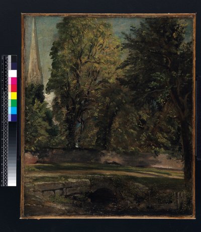 近くの壁の上に見られるソールズベリー大聖堂 作： John Constable
