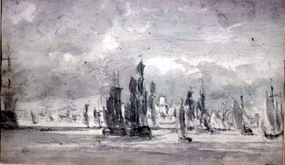 テムズ川の曇り空の下での配送（紙にグラファイト） 作： John Constable