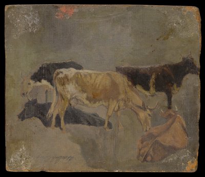 5つの角のある牛（verso）の研究（ミルボード上の油） 作： John Constable