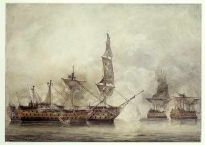 ビクトリー」には2隻のフランス船の間にトラファルガーが描かれている（1805年）。ジョン・コンスタブル（1776-1837）によるドローイング 作： John Constable