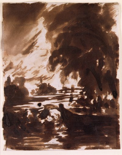 ストゥーア川の木々と水辺（ブラウンウォッシュ 作： John Constable