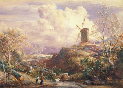 牛群れと丘の上の風車 作： John Constable