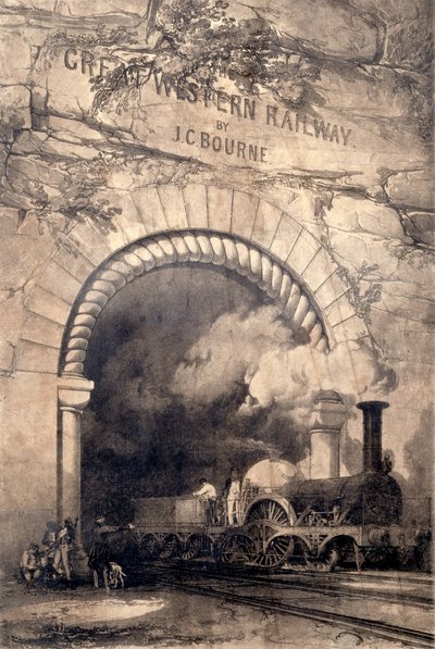 ブリストル近くのトンネルから浮上しているAcheron 2-2-2機関車、1846年の偉大な西部鉄道の歴史と解説の前線 作： John Cooke Bourne
