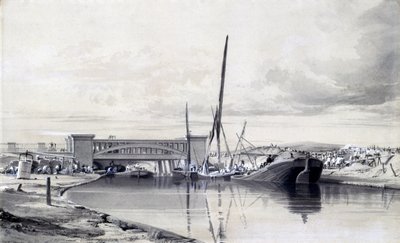 1837年4月、リージェンツ運河に架かる橋（ペンとインクで紙の上を洗う） 作： John Cooke Bourne