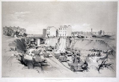 カムデンタウンのパークストリートに擁壁を建設、1836年 作： John Cooke Bourne