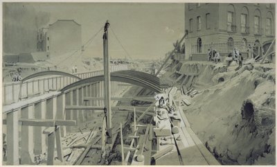 1836年9月、カムデンタウンのパークストリートに擁壁を建設（ペンとインク、紙に洗う） 作： John Cooke Bourne