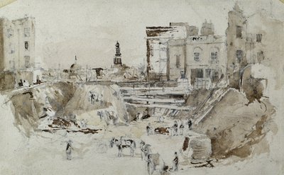 ロンドンとバーミンガム鉄道の建設、1835年頃（紙にウォッシュをかけた鉛筆） 作： John Cooke Bourne