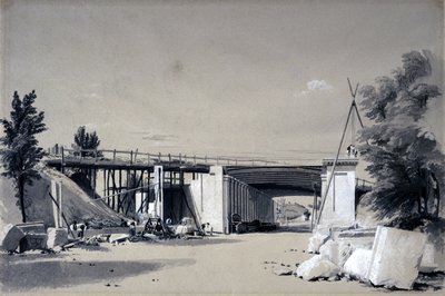 道路からのデンビーホールブリッジ、1837年6月25日（ペンとインク、紙に洗う） 作： John Cooke Bourne
