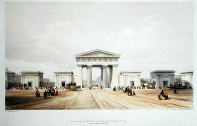 ユーストングローブ駅のエントランス・ポルティコ（John Britton著「Drawings of the London and Birmingham Railway」より、1838年発行のカラーリトグラフ版） 作： John Cooke Bourne