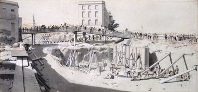 グランビーストリート、ハムステッドロード、1836年8月13日（紙にペンとインクとウォッシュ） 作： John Cooke Bourne