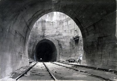 素晴らしい換気シャフト、Kilsby Tunnel、ノーサンプトンシャー、1837-38（紙にペンとインクとウォッシュ） 作： John Cooke Bourne