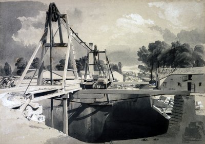 素晴らしい換気シャフトとヘッドギア、Kilsby Tunnel、1837年7月15日（ペンとインクで紙に洗う） 作： John Cooke Bourne