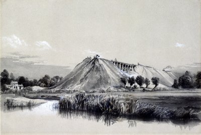 1837年6月29日ウォルバートンで堤防を作る（ペンとインク、紙の上で洗う） 作： John Cooke Bourne