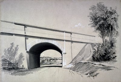 斜めの橋、ボックスムーア、ハートフォードシャー、1837年6月12日（紙にペンとインクで洗って） 作： John Cooke Bourne