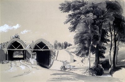 占領橋、バグブルック、ノーサンプトンシャー、1837年7月9日（ペン＆インクと紙に洗う） 作： John Cooke Bourne