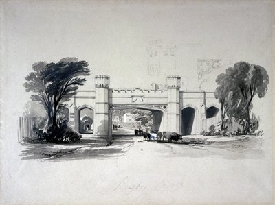 1839年4月、ウォリックシャーの道路から見たラグビー鉄道橋（ペンとインクで紙に洗う） 作： John Cooke Bourne